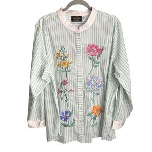 Bob Mackie Wearable Art Womens 2X Green Striped Floral Embroidered Button Up Top